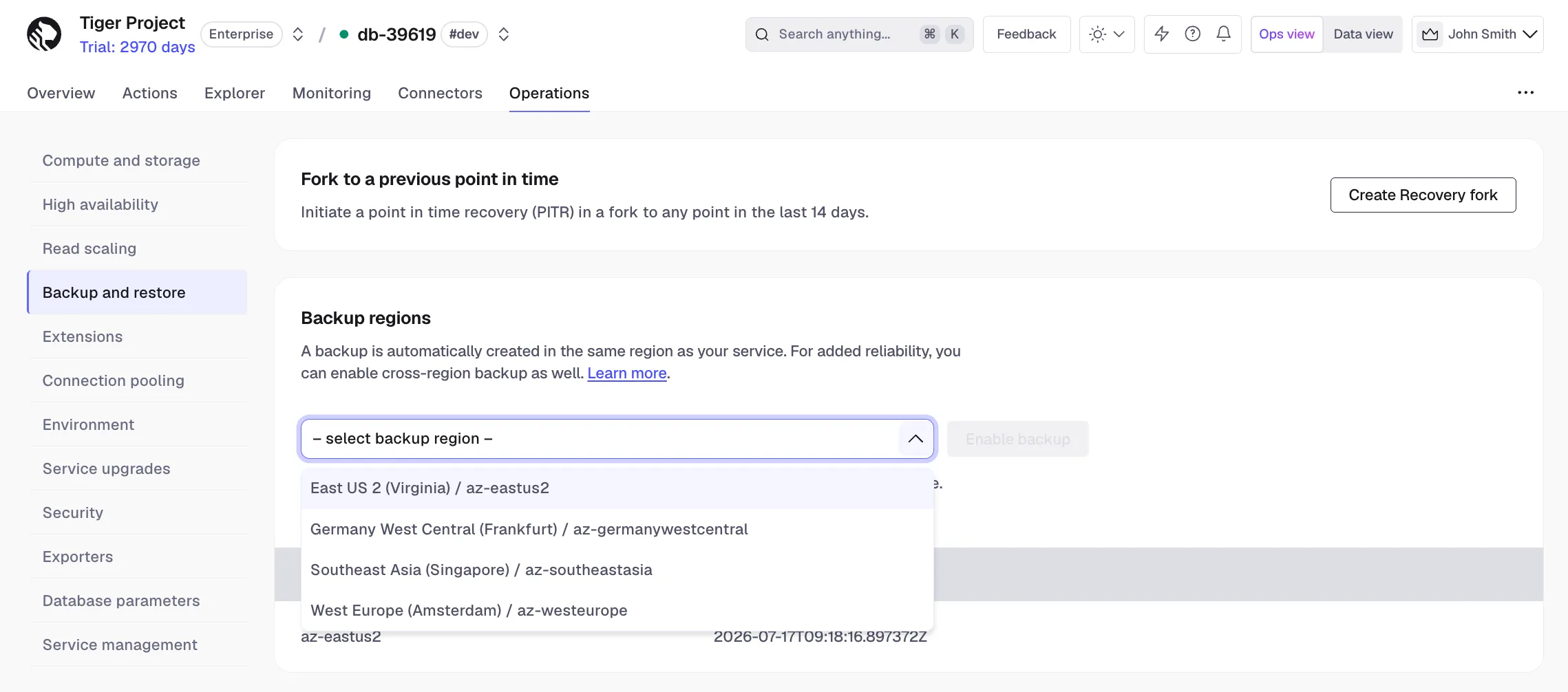 Enabling cross-region backup in Tiger Console on Azure